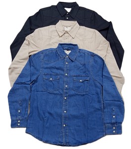 เสื้อยีนส์แขนยาวสำหรับผู้ชาย, เสื้อยีนส์เข้ารูปกระเป๋าคู่ผ้าฝ้าย100% นุ่มใส่เสื้อผ้าคาวบอยสีน้ำเงิน - Product Image 1