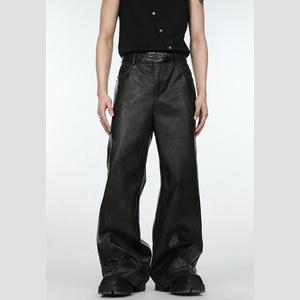 Pantalon large pour homme en PU noir, taille haute, avec ceinture, style streetwear décontracté - Product Image 1