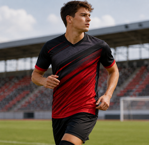 เสื้อฟุตบอลผู้ชายสีแดงดำแบบกำหนดเอง เสื้อทีมกีฬา เสื้อซ้อม OEM - Product Image 3