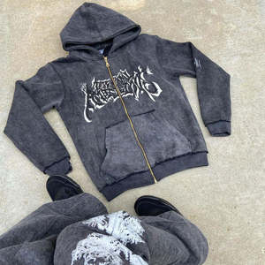 Streetwear empilé à capuche unisexe personnalisé survêtement survêtement deux pièces survêtement pantalon évasé Baggy ensemble 100% coton - Product Image 3