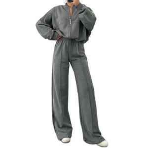 2025 otoño nuevo Color sólido suelto cremallera diseño mujer traje de dos piezas suéter de invierno cintura alta Casual pantalón de pierna ancha tamaño - Product Image 1