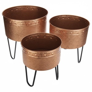 Set Of 3 Hammered Copper Tone Metal <b>Planters</b> With Matte Black Metal Wire Stands Decorative Round Galvanized Garden Flower Pots - Product Image 1