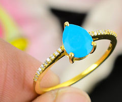 925 argent Sterling poire coupe Turquoise bague Vintage plaqué or nouveauté pierre précieuse naturelle pour la fête bijoux de luxe - Product Image 5