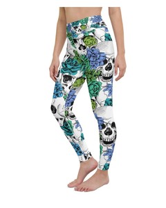 Leggings Deportivos para Mujer con Diseño de Calavera y Flora Verde, Leggings de Yoga de Cintura Alta sin Costuras con Bolsillos - Product Image 2
