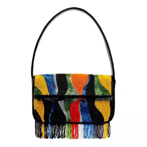 Sac à main à bandoulière perlé de luxe pochette sac à main coloré plusieurs rayures avec broderie à la main perles de cristal chaîne détachable - Product Image 2