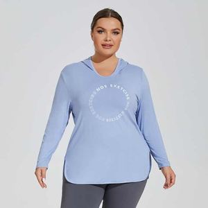 Top deportivo informal de talla grande con capucha para mujer, manga larga, ligero, para gimnasio, correr, estampado sólido, transpirable, sin cuello - Product Image 4