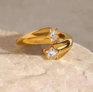 No Tarnish Stainless Steel Princess Cut Star Zircon Classic <b>Chunky</b> Gold Plated Durable Women's <b>Ring</b> - Product Image 1
