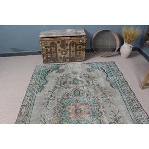 Alfombra Vintage de Lana con Diseño a Cuadros Azul Turco, 5x7.3 pies - Product Image 4