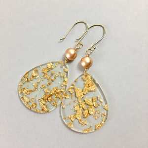 MN EXPORTS Gold Plated <b>Resin</b> Drop Earrings with Natural Pearl Women's Bohemian Oval Statement Party Jewelry for Islam Occasions - Product Image 2