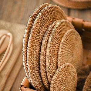 Handwoven Rattan Round <b>Coasters</b> with Holder Pottery Insulated Heat <b>Woven</b> Placemats Eco-Friendly <b>Coaster</b> Set - Product Image 5