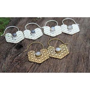 Joyería de moda Bohemia Mandala piedra lunar pendientes de labradorita aro de latón colgante diseño étnico - Product Image 2