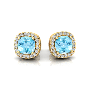 Boucles d'oreilles en or massif 18 carats avec pierres précieuses en aquamarine naturelle de haute qualité et diamants véritables, cadeau mignon, bijoux fins - Product Image 1