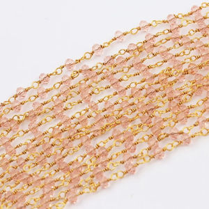 Cadena De Rosario Hydro Rondelle de cuarzo rosa, cadena de cuentas de Rosario envuelta en alambre chapado en oro, cadena de enlace, rollo de cadena de Rosario a granel - Product Image 1