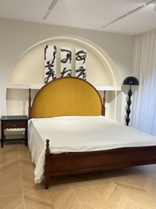 Round <b>Bed</b> With Orange Velvet Headboard <b>Platform</b> Style Eclectic Design Solid Wood <b>Frame</b> King Queen Full Size - Product Image 5