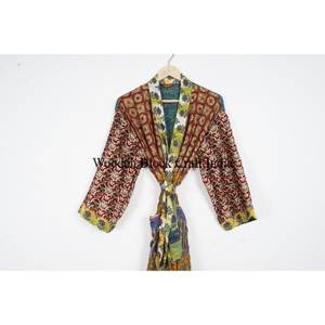 Handmade <b>Silk</b> Short <b>Kimono</b> for Women Hand Block Print Night Sleepwear Robe with Belt Tie Closure Floral Design Elegant Clothing - Product Image 2