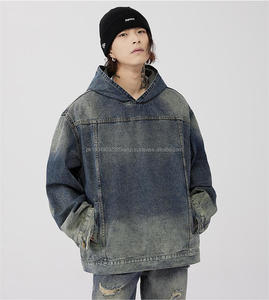 Sudadera con Capucha Estilo Denim Desgastado para Hacerla Parecer Vieja, Abrigo Holgado para Hombre, Moda Urbana - Product Image 2