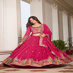 Elegante tela pura Vichitra Lehenga Choli con hilo de bordado pesado trabajo de lentejuelas perfecto para ropa de boda étnica tradicional - Product Image 2