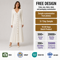 FNJIA Nouvelle Robe Élégante Blanche pour Femme, Tricotée Creuse, Col en V Ample, Manches Longues Boutonnées, Simple, Longueur Midi, Naturelle et Respirante