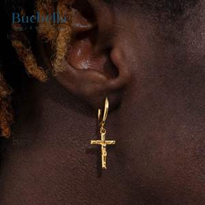 Boucles d'oreilles Huggie en argent Sterling 925 faites à la main Crucifixion de Jésus boucles d'oreilles croix pour hommes bijoux Hip Hop - Product Image 1