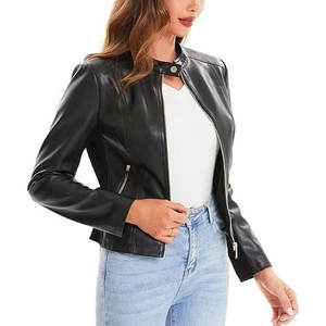 Chaqueta de cuero para mujer con cuello levantado de talla grande para adultos Chaqueta de cuero con estampado de logotipo personalizado transpirable de alta calidad - Product Image 2