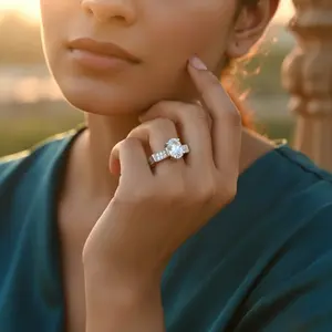 Anillo de Compromiso Ovalado de Platino de 14K con Baño de Rodio Geométrico para Mujer - Product Image 1