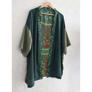 Robe kimono en soie bohème grande taille, col en V, motif floral, longueur genou, patchwork, imprimé indien fait main, respirant, décontracté, pour se détendre - Product Image 2