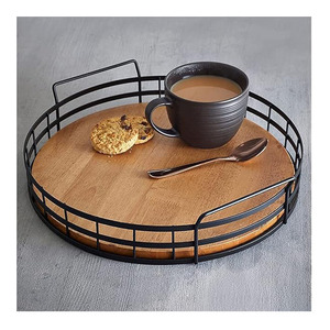 Nueva llegada bandeja redonda de madera de mango para servir plato de alambre de hierro acabado en negro tamaño personalizado para bandejas para servir té y café - Product Image 5