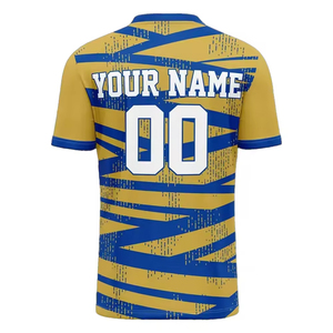 Maillot de football sublimé à rayures bleues et jaunes, col en V, manches courtes, respirant, polyester, coupe classique, toutes saisons - Product Image 2