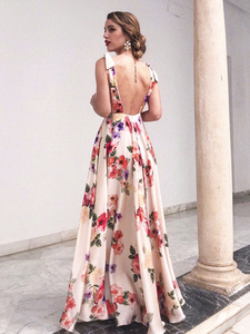 Elegante Vestido Maxi de Gasa con Estampado Floral, Cuello en V, Sin Mangas, Corte en A, Largo hasta el Suelo, Vestido Formal de Noche, Estilo Romántico - Product Image 4