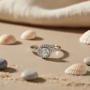 Women's <b>Silver</b> Halo Engagement <b>Ring</b> Romantic <b>Statement</b> Geometric Design with Oval Cut Diamond Look Made of Platinum - Product Image 1