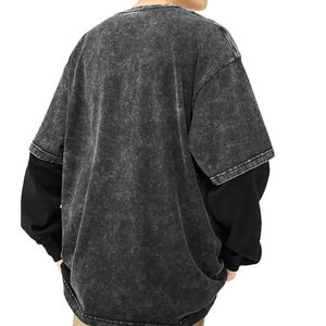 T-shirts à manches longues pour hommes, surdimensionnés, 100% coton, double couche, lavage à l'acide, poids lourd, avec logo personnalisé - Product Image 3