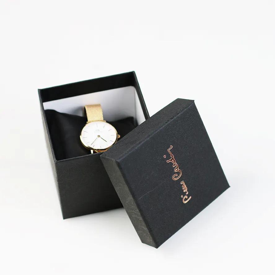 8x8x7cm schwarze matte Uhren box mit kleinem Kissen Silber Logo Deckel und Basis Box Strukturierte Spezial papier Uhr Verpackungs koffer