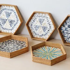 Plateau de service Ramadan en rotin rectangulaire de haute qualité avec incrustation de nacre assiettes à vaisselle avec poignées en cuir plateau à café - Product Image 3