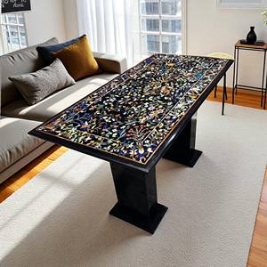 Table à manger en marbre noir élégante de style indien, design attrayant, marqueterie en pierre dure, travail artisanal, meilleur prix de gros en Inde - Product Image 3