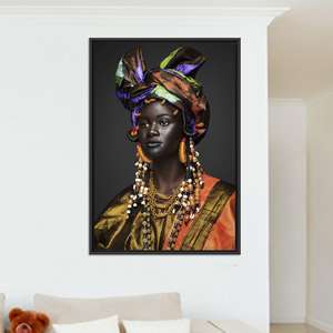 Elegant African Queen Portrait Canvas Art, Boho Global Decor,BLACK <b>FRAMED</b> CANVAS - Product Image 1