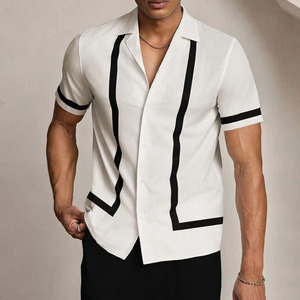 Chemise à col cubain et pantalon noir ensemble rayé décontracté vêtements d'été respirant hommes vêtements de plage survêtements au prix de gros - Product Image 2