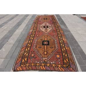 Alfombra turca Kilim de 4,9x15 pies, diseño de retazos marrón y naranja, técnica de tejido plano, Material de lana viscosa para adolescentes, estilo Tabriz - Product Image 1