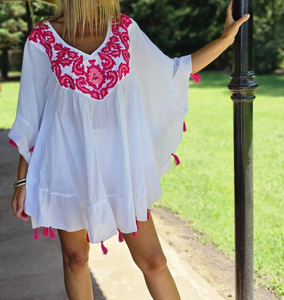 Bohemian Elegant Women's 100% Cotton Embroidery Eco-Friendly Floral Sleeveless Mini Summer <b>Kaftan</b> <b>Dress</b> - Product Image 1