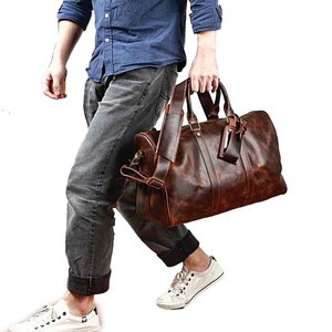Sac polochon de week-end décontracté en cuir PU végétalien véritable pour hommes sac de voyage pliable à panneaux sangle réglable fermeture à glissière - Product Image 2