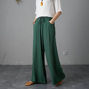 Pantalones de lino de pierna ancha para mujer, novedad en pantalones de salón informales, pantalones Palazzo con cordón en la cintura elástica de proveedor indio - Product Image 4