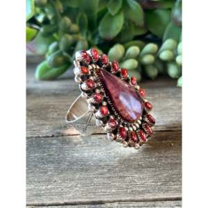 Darlene Begay Bezel Set Multi Stone Sterling Silver Adjustable Ring Boho Geometric <b>Coral</b> <b>Jewelry</b> - Product Image 3