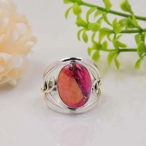 Nuevo Anillo Bohemio de Moda, Plata de Ley 925, 10x14mm, Ovalado, con Dalia Naranja Natural y Turquesa Cobre, Engaste de Bisel Vermeil, Christian - Product Image 1