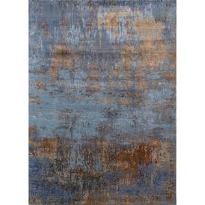 Tapis rectangulaire Kavi bleu noué à la main en laine et soie de bambou, motif abstrait Théorie du Chaos, pour la décoration de la maison, du salon et du couloir - Product Image 1
