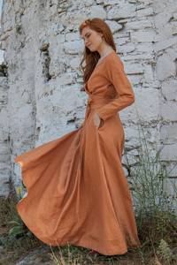 Vestido Maxi bohemio de lino naranja oxidado para mujer, peso pesado, Fall Resort, liso teñido de talla grande con decoración de encaje, cintura Natural - Product Image 6