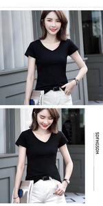 Mode été haut femmes col en V T-shirt Slim Fit coton T-Shirt à manches courtes t-shirts bas chemise brodé haut T-shirt pour hommes - Product Image 6