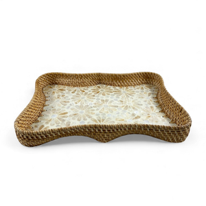 Bandeja de Ratán con Incrustaciones de Nácar, Hecha a Mano, Decorativa con Borde de Ratán para Servir Comida, Exhibición en Mesa y Decoración del Hogar - Product Image 2