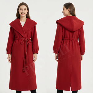 Manteau long en laine à capuche très vendu avec taille à cordon, chaud pour l'hiver, élégant, décontracté, respirant, de qualité supérieure, couleur unie - Product Image 3