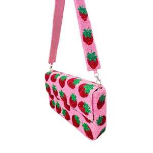 <b>Pink</b> Strawberry Beaded Shoulder <b>Bag</b> Red Green Fruit PurseHandmade <b>Sequin</b> Summer <b>Bag</b> Trendy - Product Image 2