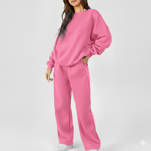 Conjuntos de 2 Piezas de Cuello Redondo Extra Grande Personalizados para Mujer OEM, Sudadera de Felpa de Algodón para Mujer, Pantalones Anchos - Product Image 6