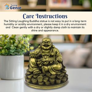 Idole de Bouddha riant sur des pièces de monnaie de richesse Statue de prospérité Feng Shui Finition dorée Pièce maîtresse pour la maison et le bureau HOME GENIE - Product Image 6